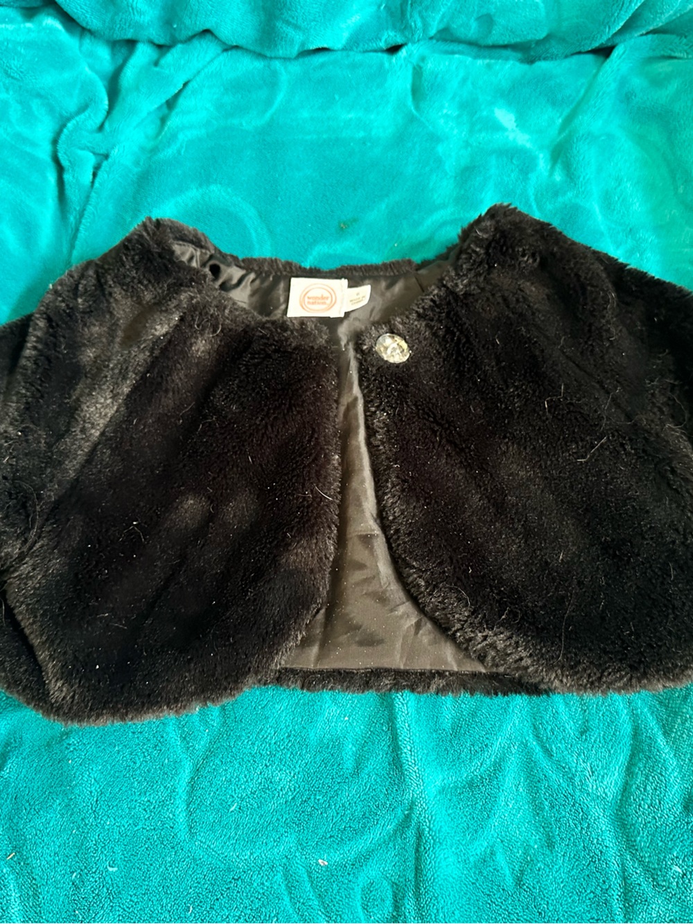 wonder nation Black Faux Fur Shrug with Decorative Button
